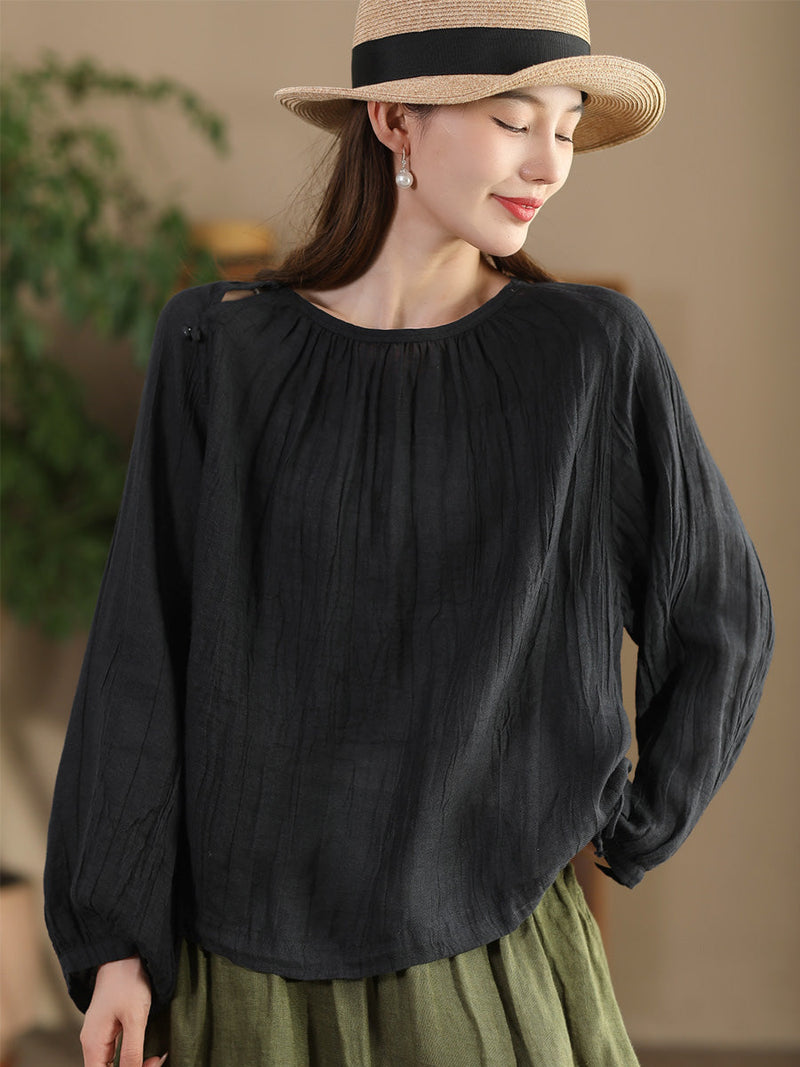 Summer Artsy Strap Hem O-neck Ramie Blouse As1026