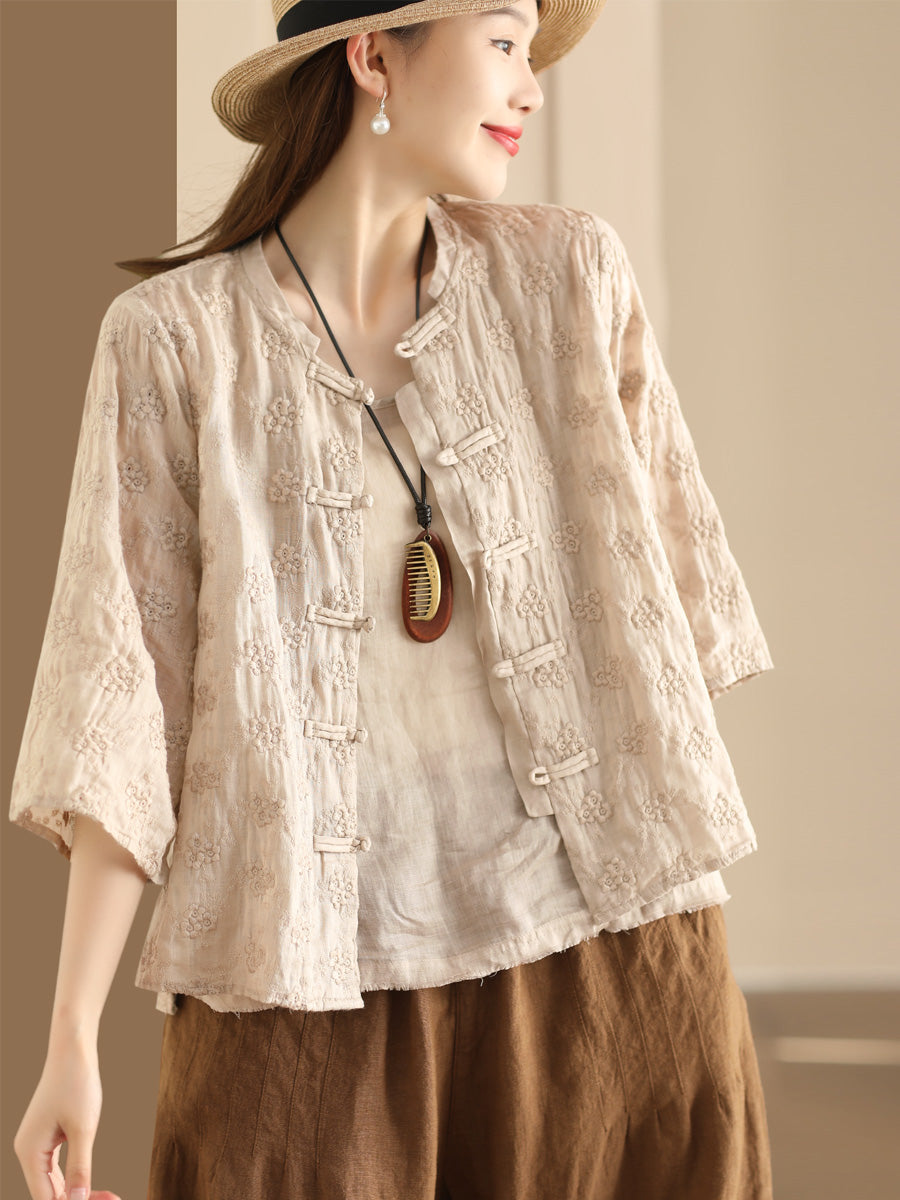 Flower Jacquard Button-up Ramie Blouse Sc1023