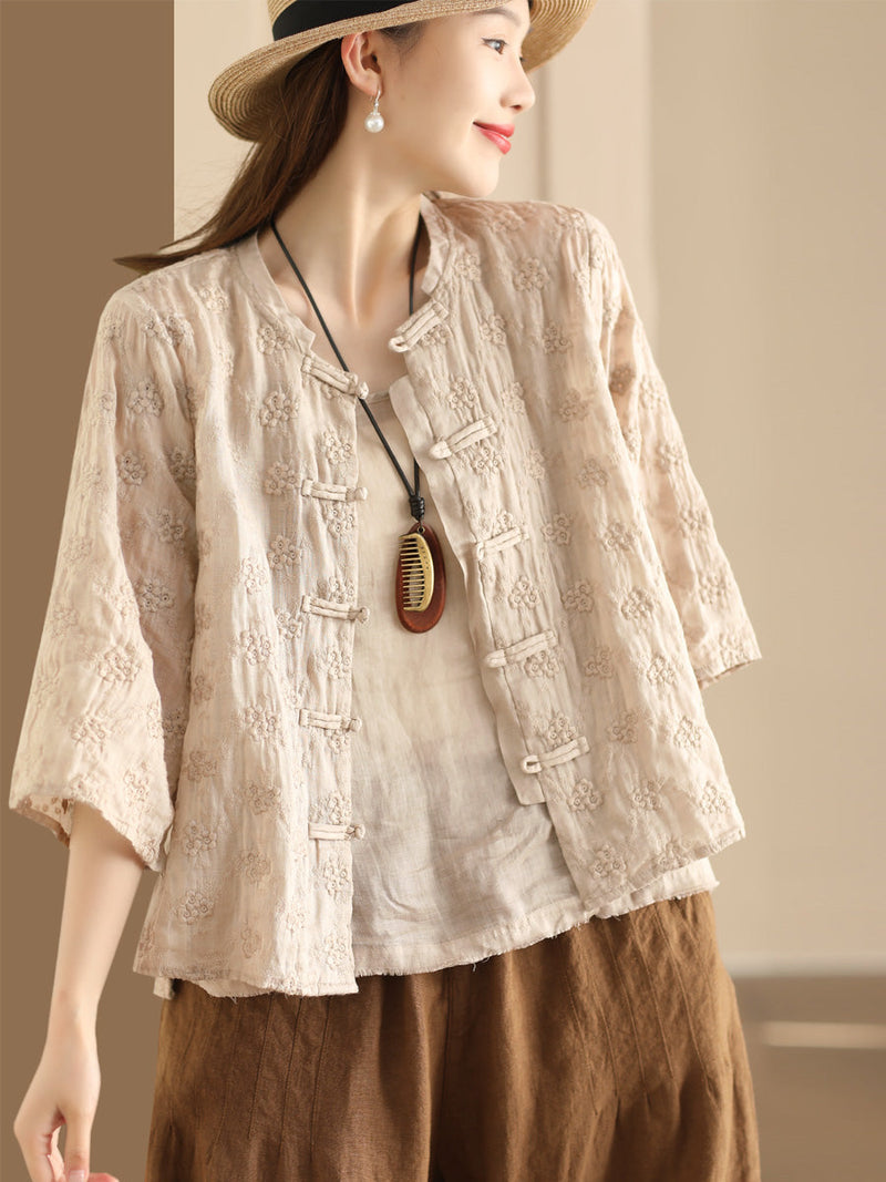 Flower Jacquard Button-up Ramie Blouse Sc1023