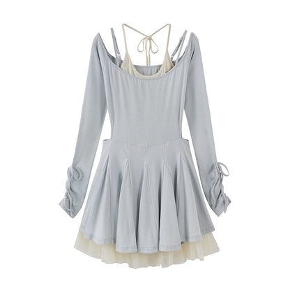 Layered Drawstring Back-open One-piece