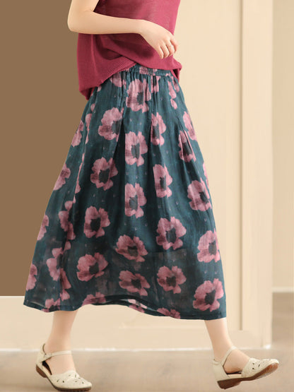 Artsy Summer Flower Ramie A-shape Skirt Co1025