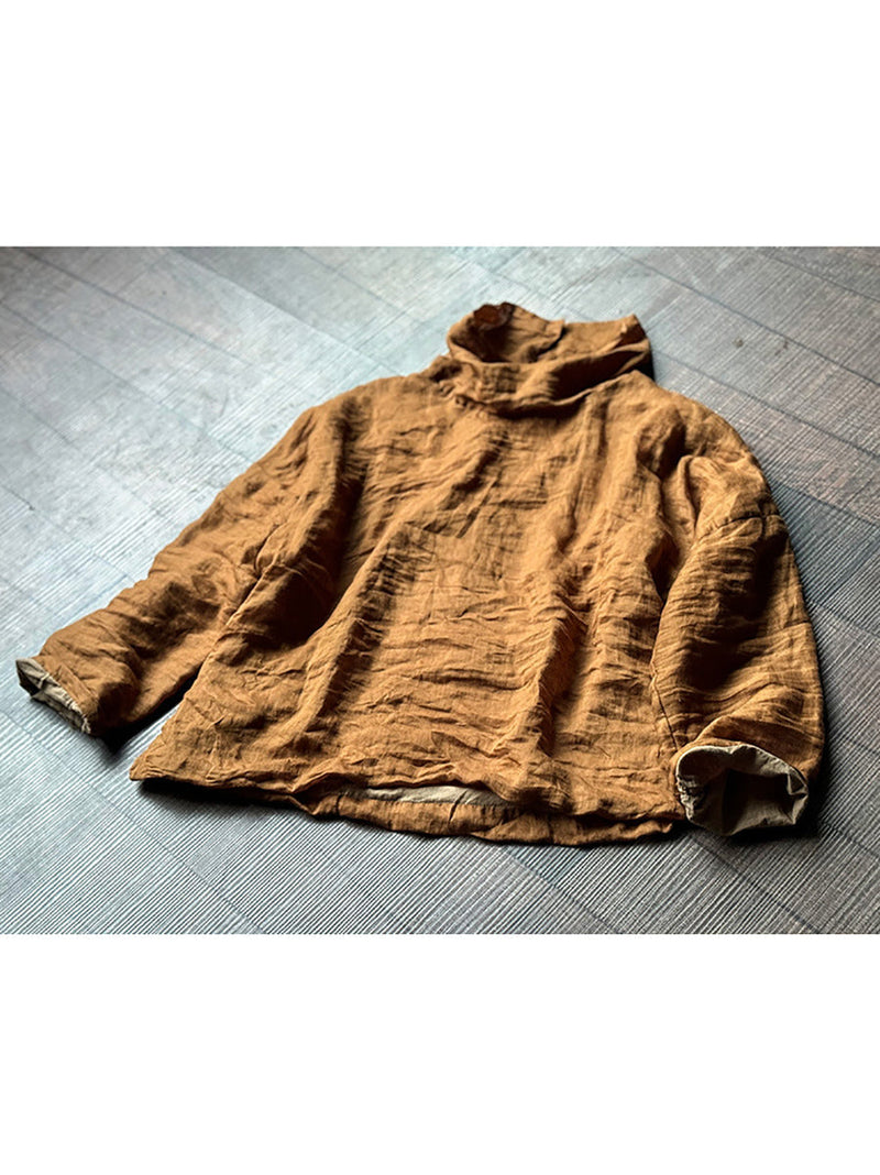 Autumn Artsy Turtleneck Ramie Blouse Qu032