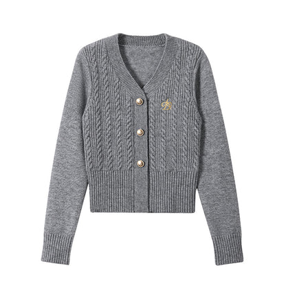 Classic Gray Cable Knit Cardigan: V-neck Button-front Sweater With Embroidered Logo