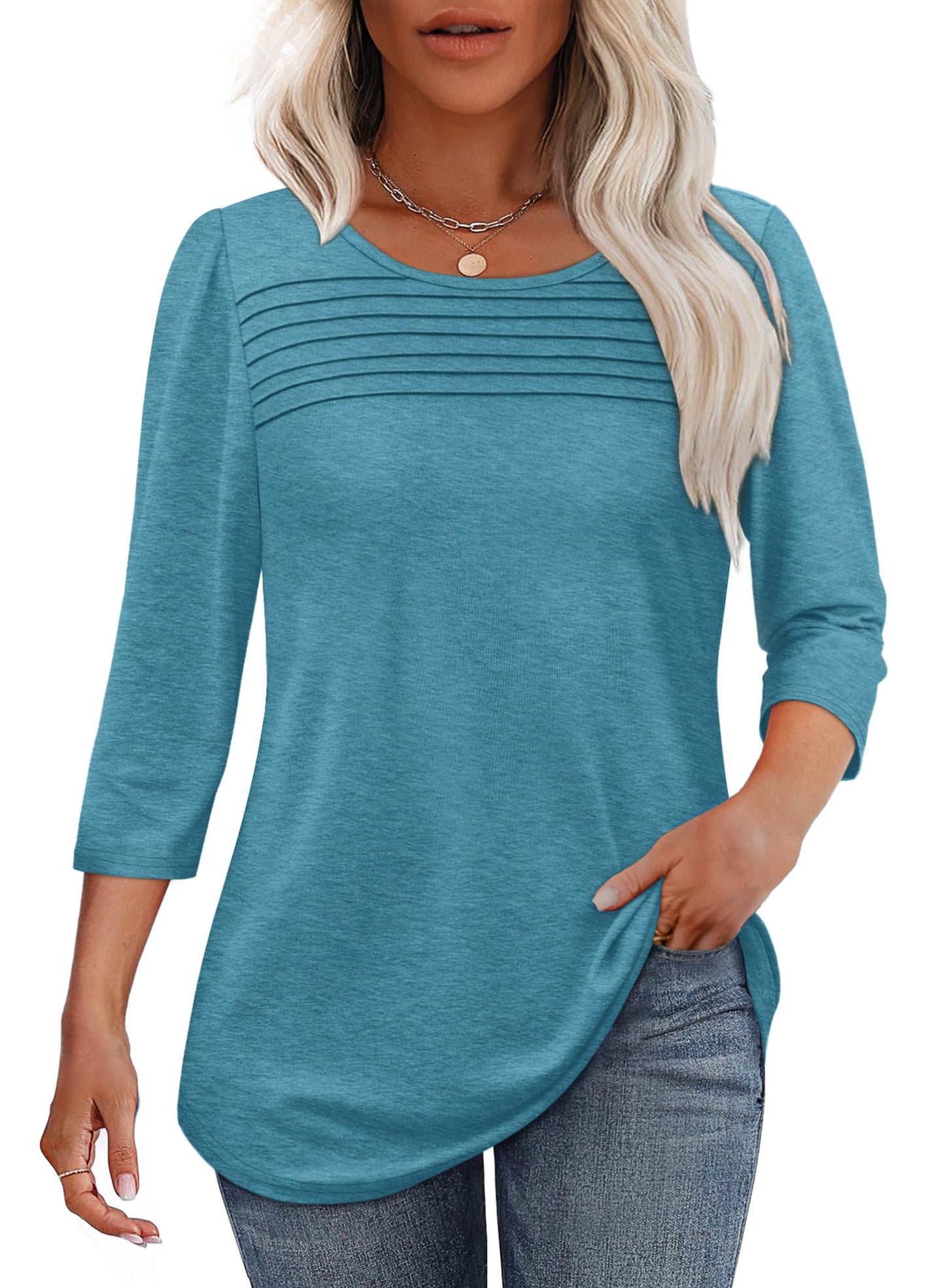 3/4 Length Sleeve Top Pleated Front T-shirt