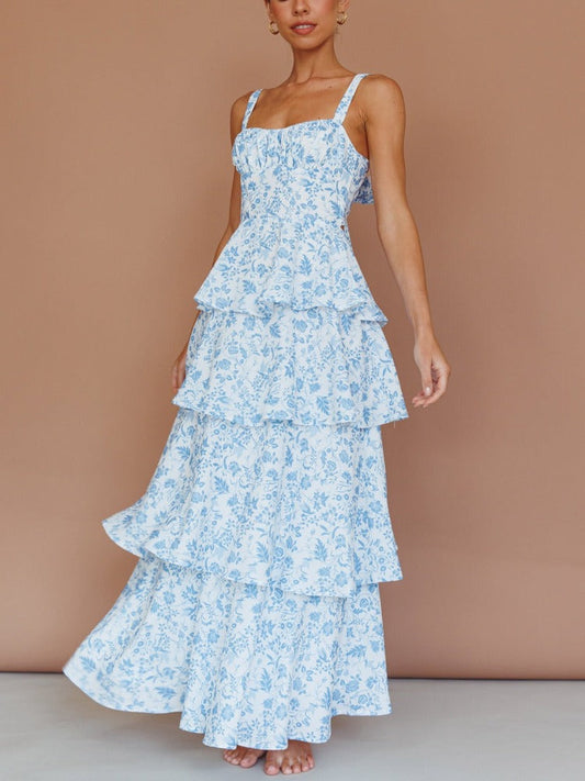 Provence Bloom Tiered Maxi Dress - Blue