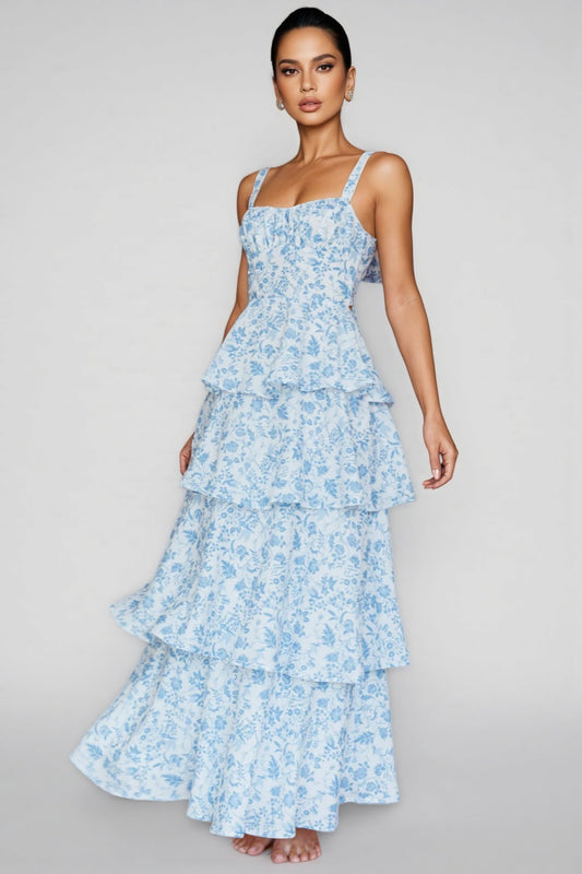 Chriske Blue Print Ruffle Maxi Dress