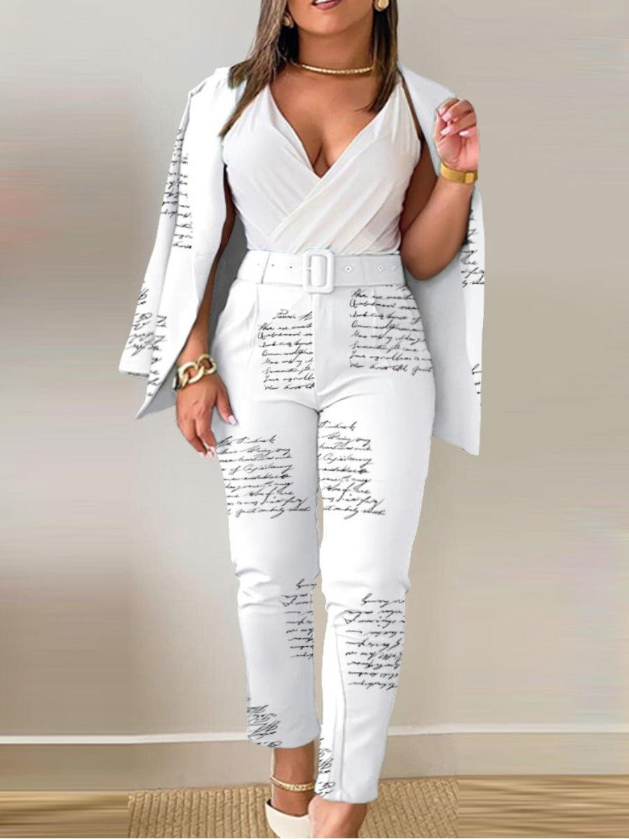 Letter Print Belt Design Blazer Pants Set Bo3021