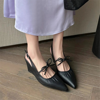 Genuine Leather Slingbacks Pumps Pointed Toe Silver Black Wedges Heels Shoes Woman Summer Pumps