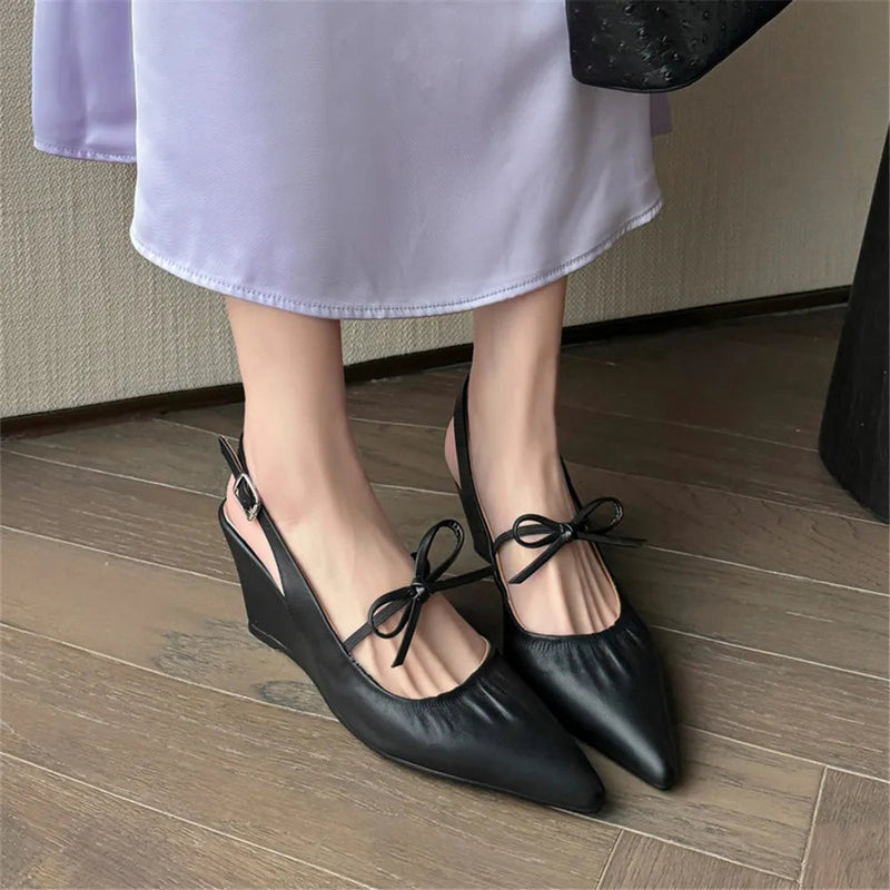 Genuine Leather Slingbacks Pumps Pointed Toe Silver Black Wedges Heels Shoes Woman Summer Pumps