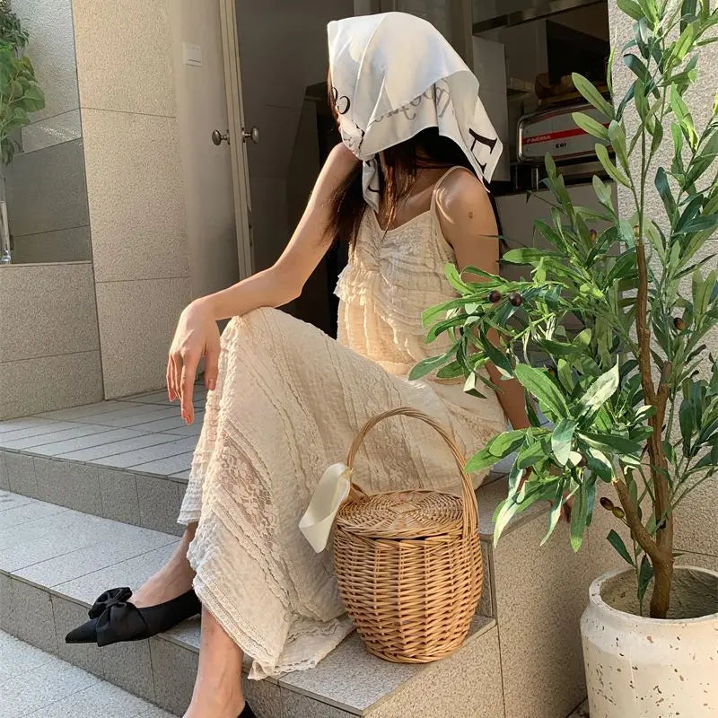 Korean Style Lace Spliced Strap Dress for New Summer Mid Length Black Skirt