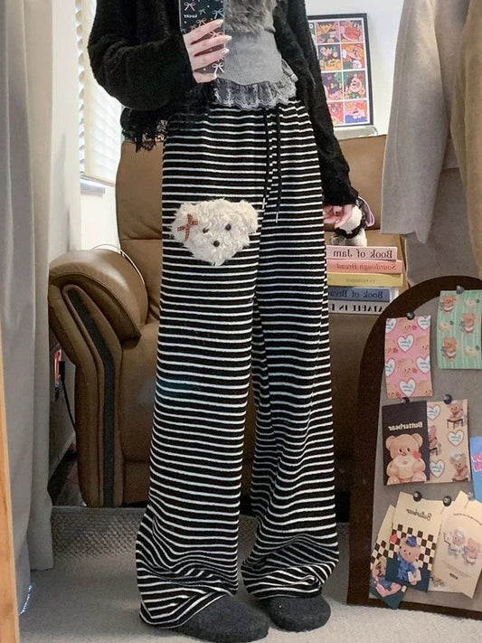 Stripe Dog Graphic Sweatpants Cutecore Cartoon Embroidery Wide Leg Straight Pants Korean Thick Warm Winter Bottoms
