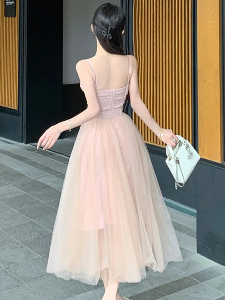 Sweet Printcess Midi Dress for Spaghetti Strap Fairy Birthday Party Dress Summer Ball Gown Korean Female Vestidos