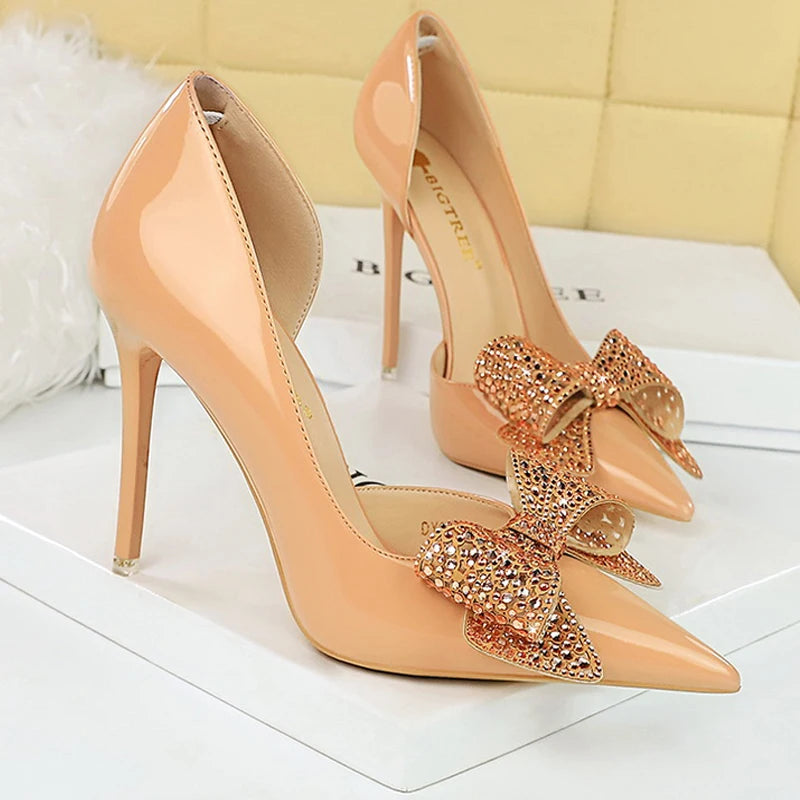 Shoes Pumps 10.5cm Heels Rhinestone Bowknot Lady Heels Stilettos Patent Leather High Heels Female Shoes