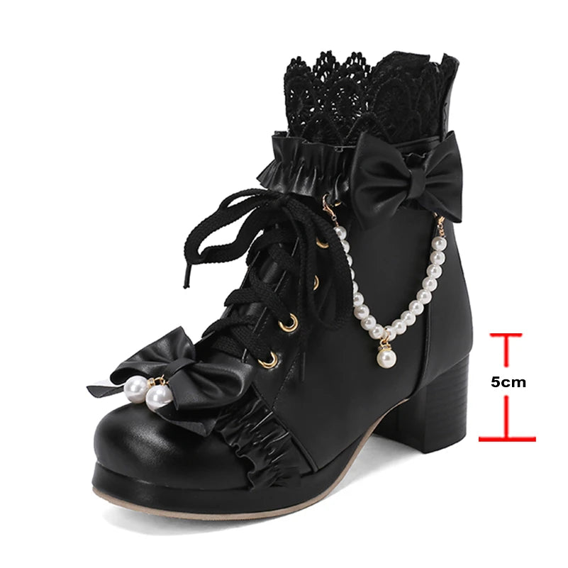 Lolita Ankle Short Boots Round Toe Kawaii Thick Mid Heels Zipper Bead Bow Laceup Lady Cosplay Shoes Autumn Winter