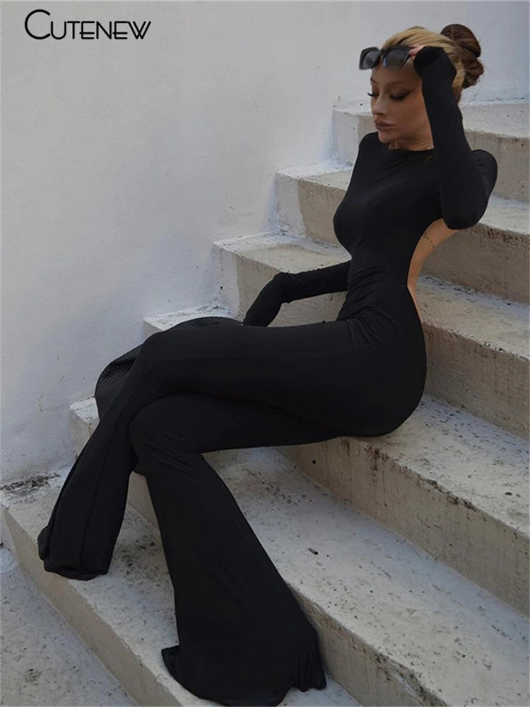 Black Backless Bodycon Wide Leg Jumpsuit Autumn Slim Long Sleeve O-neck Playsuit Lady