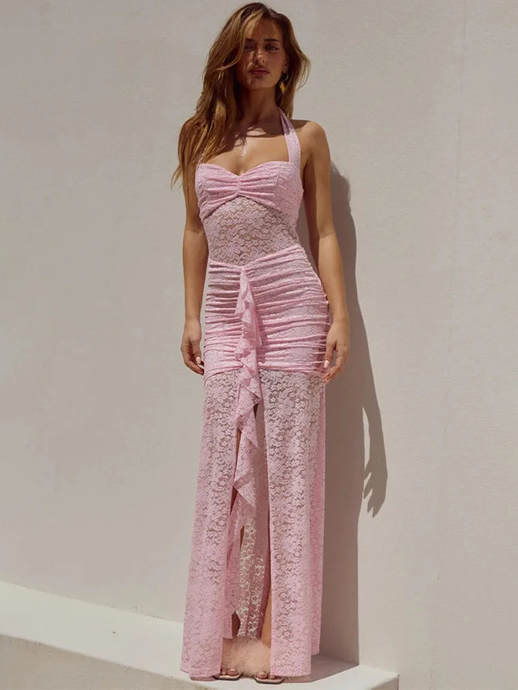 Lace Satin Halter Ruched Maxi Dress