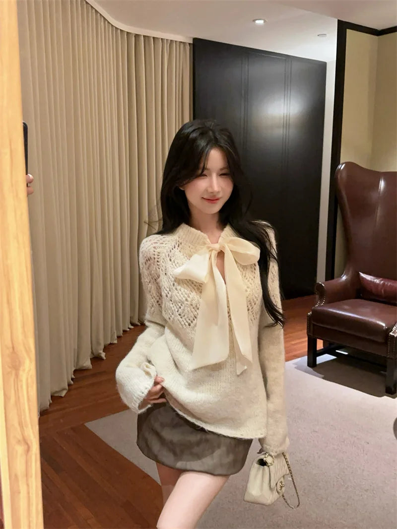 Sweet Hot Girl Pure Bow Laceup Sweater Autumn Hollowedout Slash Neck Loose Knitwear Female Clothes