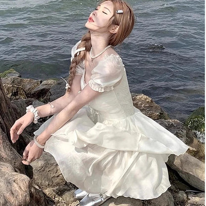 French First Love Pink Heart Neck Bubble Sleeve Dress for Summer New Princess Beach Resort Beach Skirt