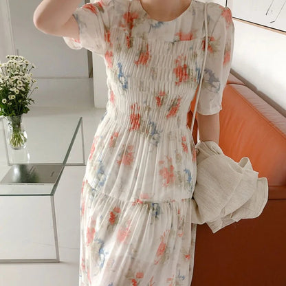 Kylethomasw Short Sleeve Chiffon Dress Print Elastic Waist White Dress Lady Summer Long Dresses for Vestido