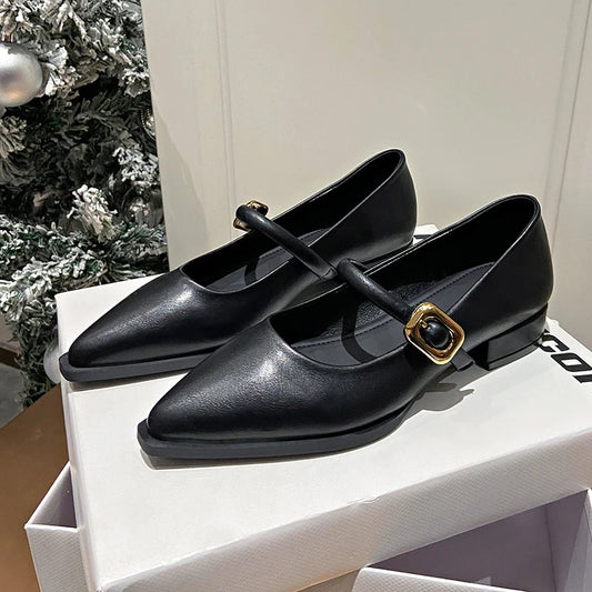 Pointed Toe Loafers Black Brown White Mules Shoes Belt Buckle Shallow Slip on Low Flat Heeled Party Pumps