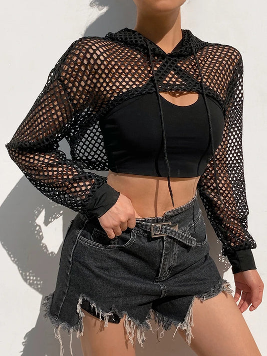 Summer Mesh T Shirt Hollow Out Smocked Crop Tops Long Sleeve Hoodies Tees Shirt Fishnet T-shirt