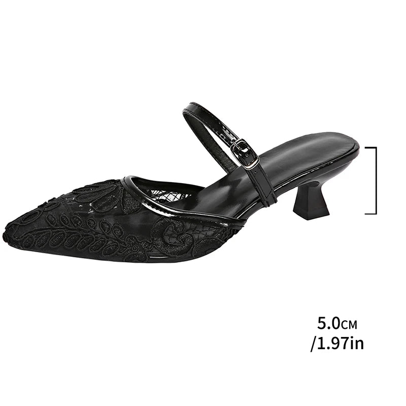 Summer Breathable Lace Mules Slippers Slip on Singbacks Slide Party Dress Shoes