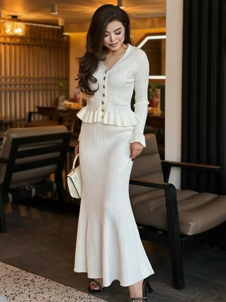 Ruffle Slim Knitted Dress ’s V Neck Long Sleeve Mermaid Long Dresses Elastic Button Patchwork Party Dress