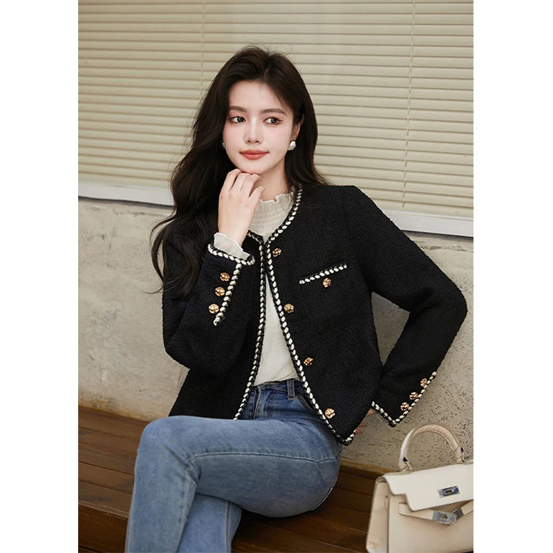 Cropped Tweed Jacket Black Quilted Coat Blazer Winter Single Breasted Thicken Outerwear Tops