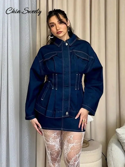 Street ’s Denim Jacket Lapel Full Sleeves Zipper Dark Blue Cinched Waist Jeans Coats Female Spring Lady Y2k Outwear