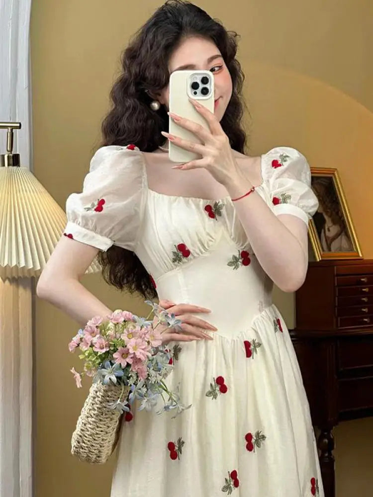 French Beige Cherry Print Evening Party Fairy Dresses Clothing Summer Vacation Short Sleeve Slim Long Dress