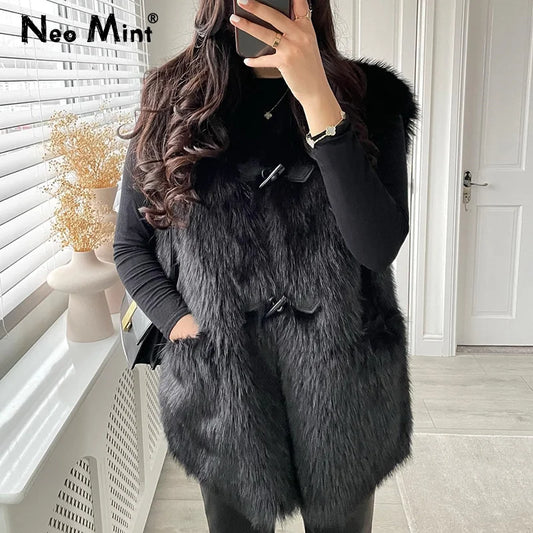 Brand Horn Buttons Long Faux Mink Fur Vest Tops Winter Sleeveless Overcoats Shaggy Waistcoat Gilets Casaco