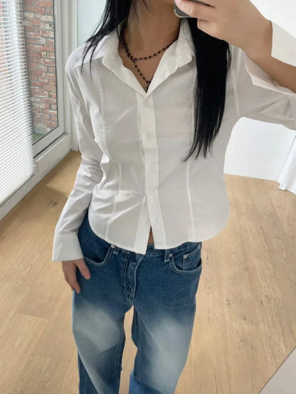 Shirts Autumn Long Sleeve Polo Neck Blouse Pattern Embroidery White Blue Tops