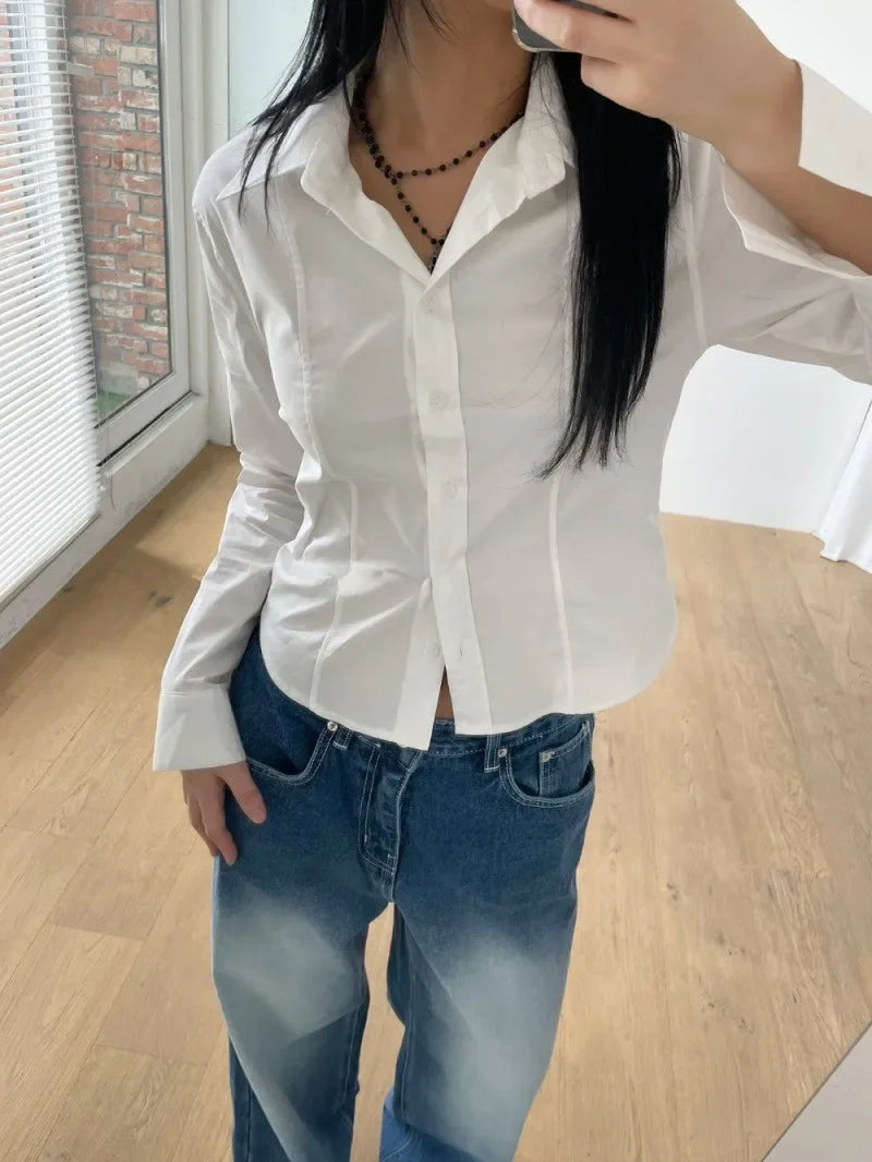 Shirts Autumn Long Sleeve Polo Neck Blouse Pattern Embroidery White Blue Tops