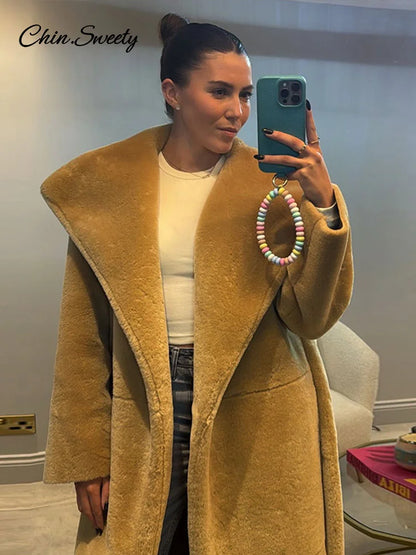 Furry Faux Fur Long Coats With Belt Big Lapel Long Sleeve Pocket Plush Overcoats Lady Winter High Street Outwear