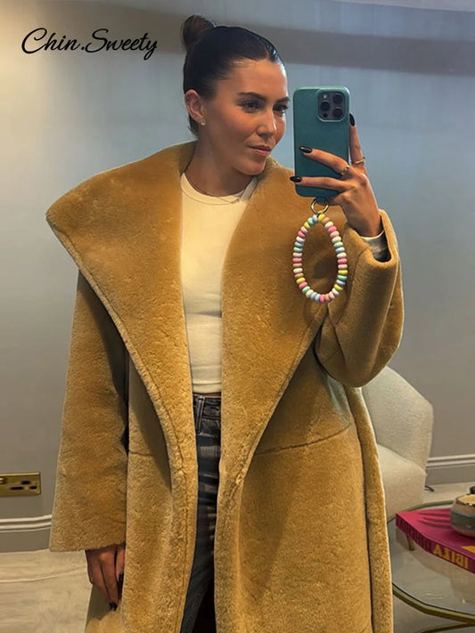 Furry Faux Fur Long Coats With Belt Big Lapel Long Sleeve Pocket Plush Overcoats Lady Winter High Street Outwear