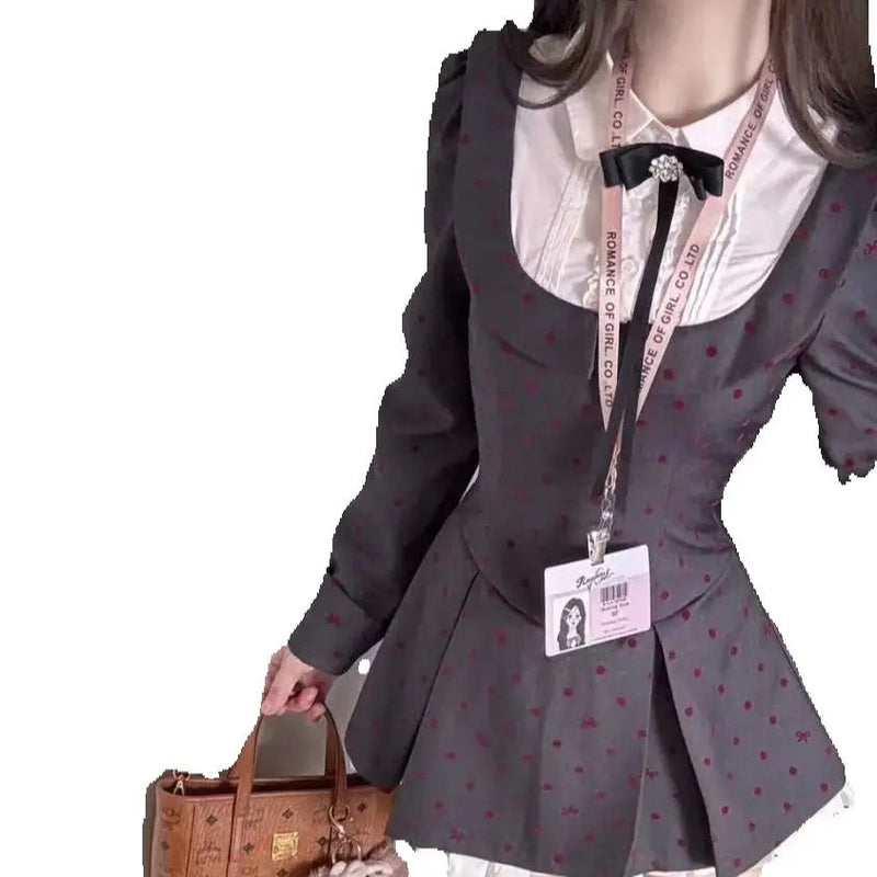 College Style Dress French Lapel Fake Twopiece Polka Dot Splicing Fungus Waist Dress Autumn New Aline Skirt