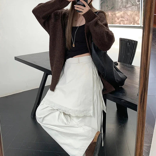 High Waist Laceup Color Wide Leg Pants Autumn New Fake Twopiece Lace Stitching Loose Pants