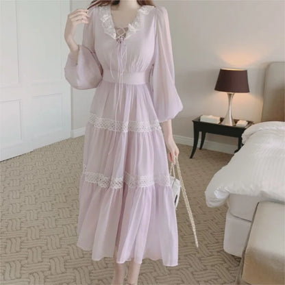 French Fairy Midi Dresses for Lantern Sleeve High Waist V-neck A-line Princess Party Dress Female Vestidos