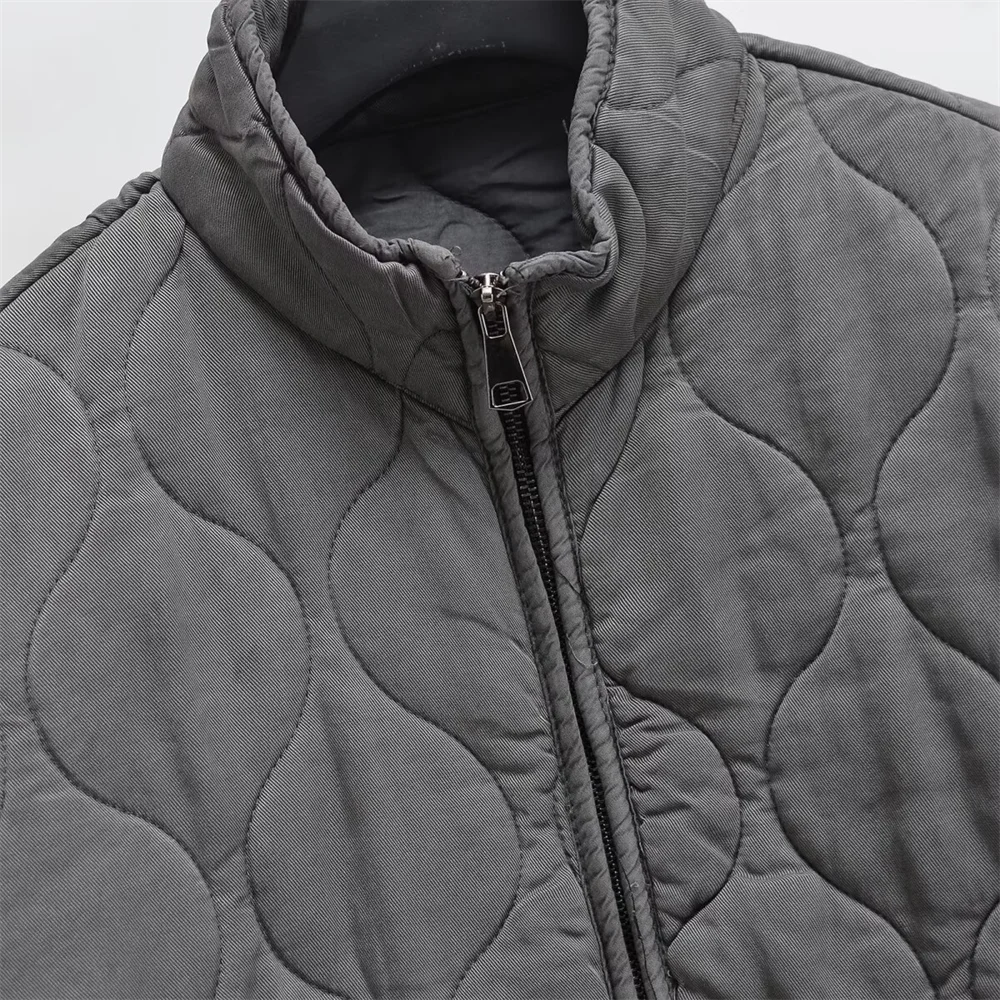 Winter New ’s Clothing Style Commuting Leisure Warm Stand Collar Loose Pocket Diamond Grid Cotton Coat