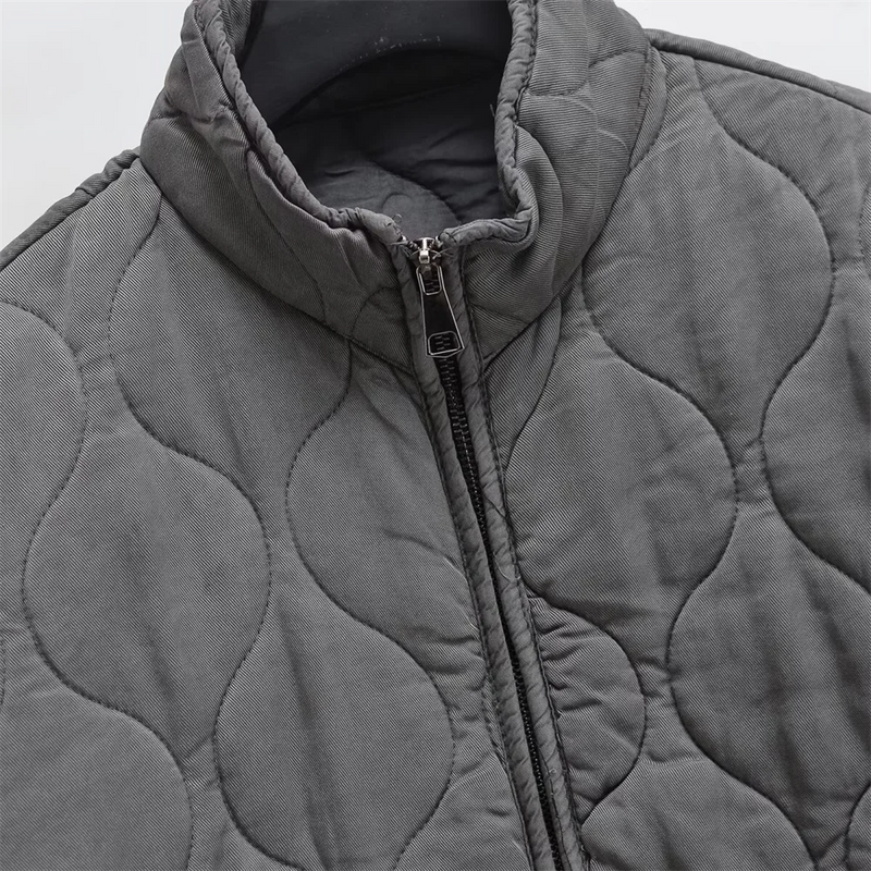 Winter New ’s Clothing Style Commuting Leisure Warm Stand Collar Loose Pocket Diamond Grid Cotton Coat