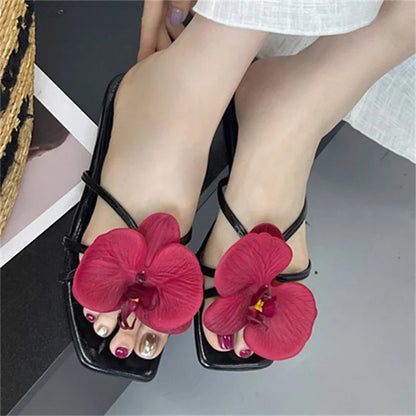Summer Flower Narrown Band Low Heels Slippers Square Toe Beach Shoes Size 3543