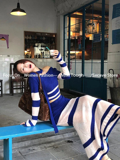 Korean Knitted Sweater Suits Long Sleeve Thin Bodycon Striped Pullover + Midi Skirts 2 Piece Sets Outfits