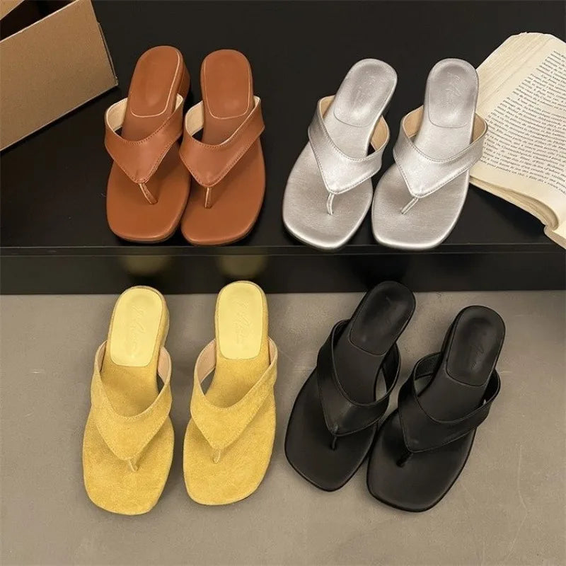 Summer Thin Low Heels Slippers Round Clip Toe Beach Sandals Flip Flops Shoes Zapatos De Mujer
