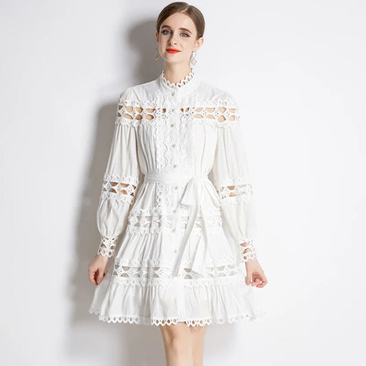 Stand Collar Single Breasted Dresses New Spring Hollow Out Embroidery Lace Trims White Mini Dress