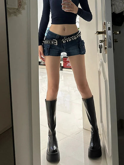 Woman Hot Slim Pants Low Waist Jean Color Wash Shorts Denim Shorts With Belt Classical Gyaru Dark Academia