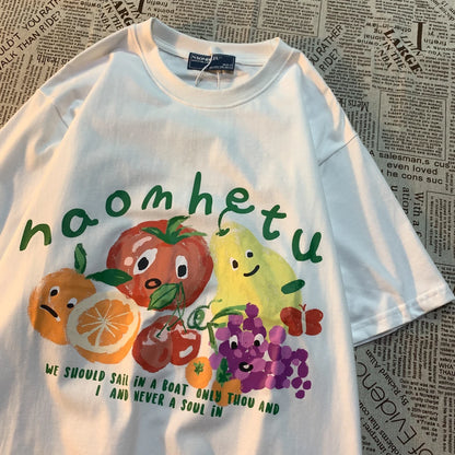 American Retro Fruit Print Round Neck Short Sleeved T-shirt for and Loose and Versatile Couple Half Sleeved Tee