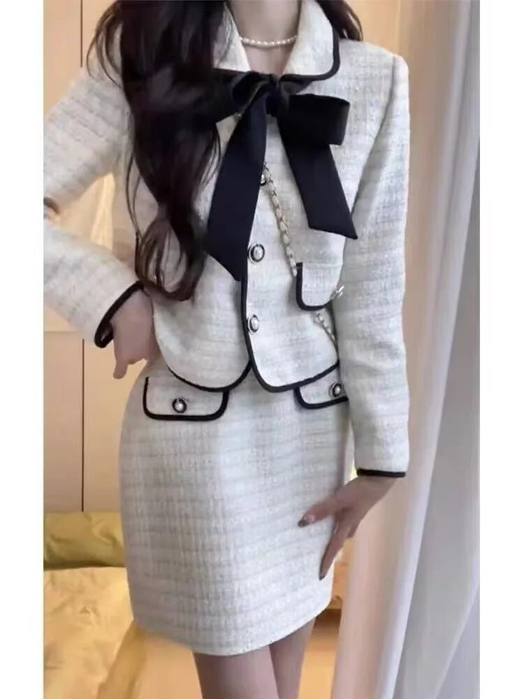 French Two-piece Skirt Set Autumn New Suit Single Breasted Crop Coat Bow Mini Skirt Korean Outfits