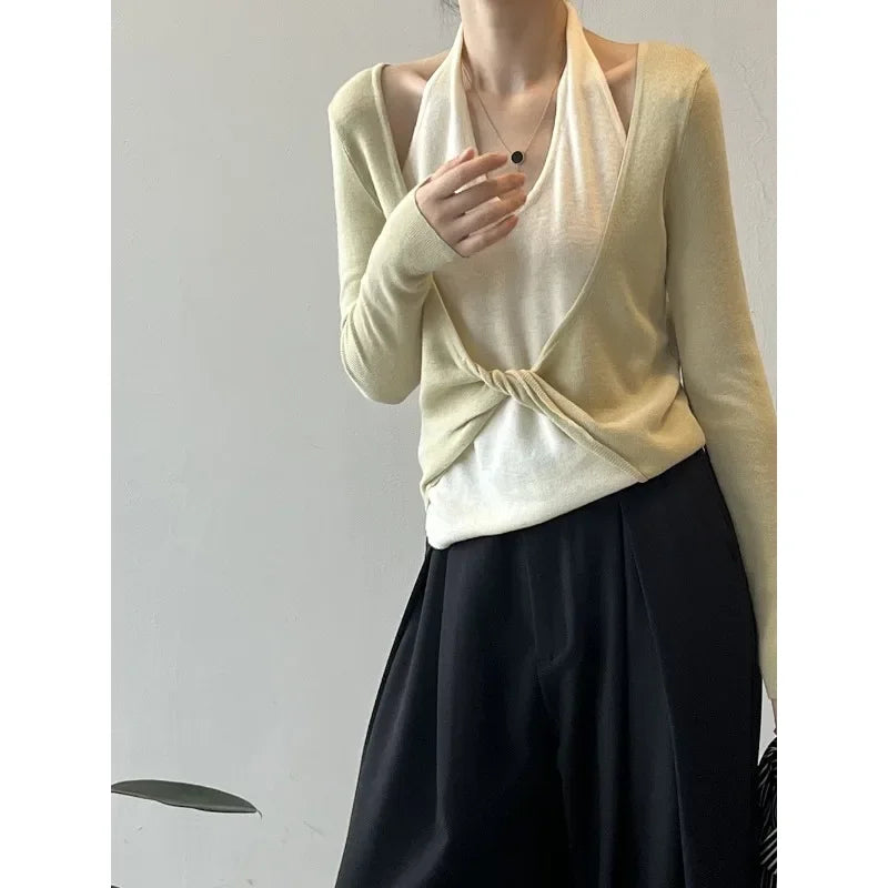 Korean Patchwork Halter Longsleeved Sweater Autumn New Fake Twopiece Knitted Tops