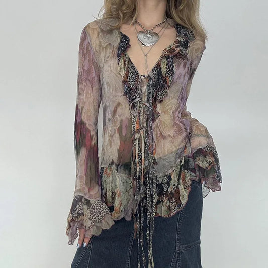Y2k Fairycore Top Clothing Print Ruffle Flared Long Sleeve Blouse Shirt 2000s Grunge Clothes