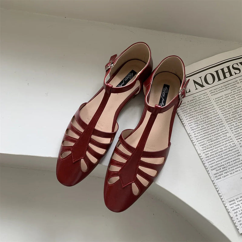 Tstrap Rome Flat Sandals Hollow Out Summer Mary Janes Shoes Pu Leather Holiday Gladiator Sandals